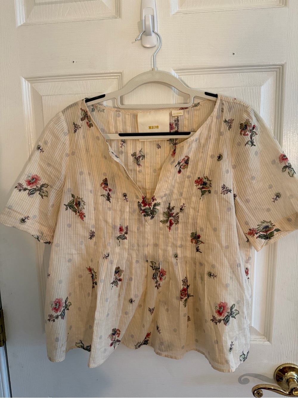 Maeve Cream Floral Split V-Neck Blouse